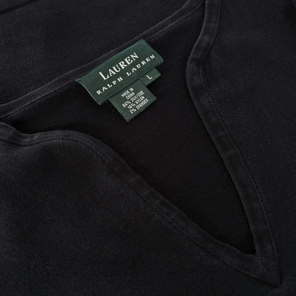 Lauren Ralph Lauren Silk Sweater L V-Neck 3/4 Sleeve Fine Knit Gauge Classic 90s